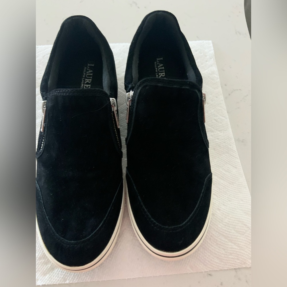 Lauren by Ralph  Lauren Black Suede Zip Side Sneakers/Shoes.  size 8
